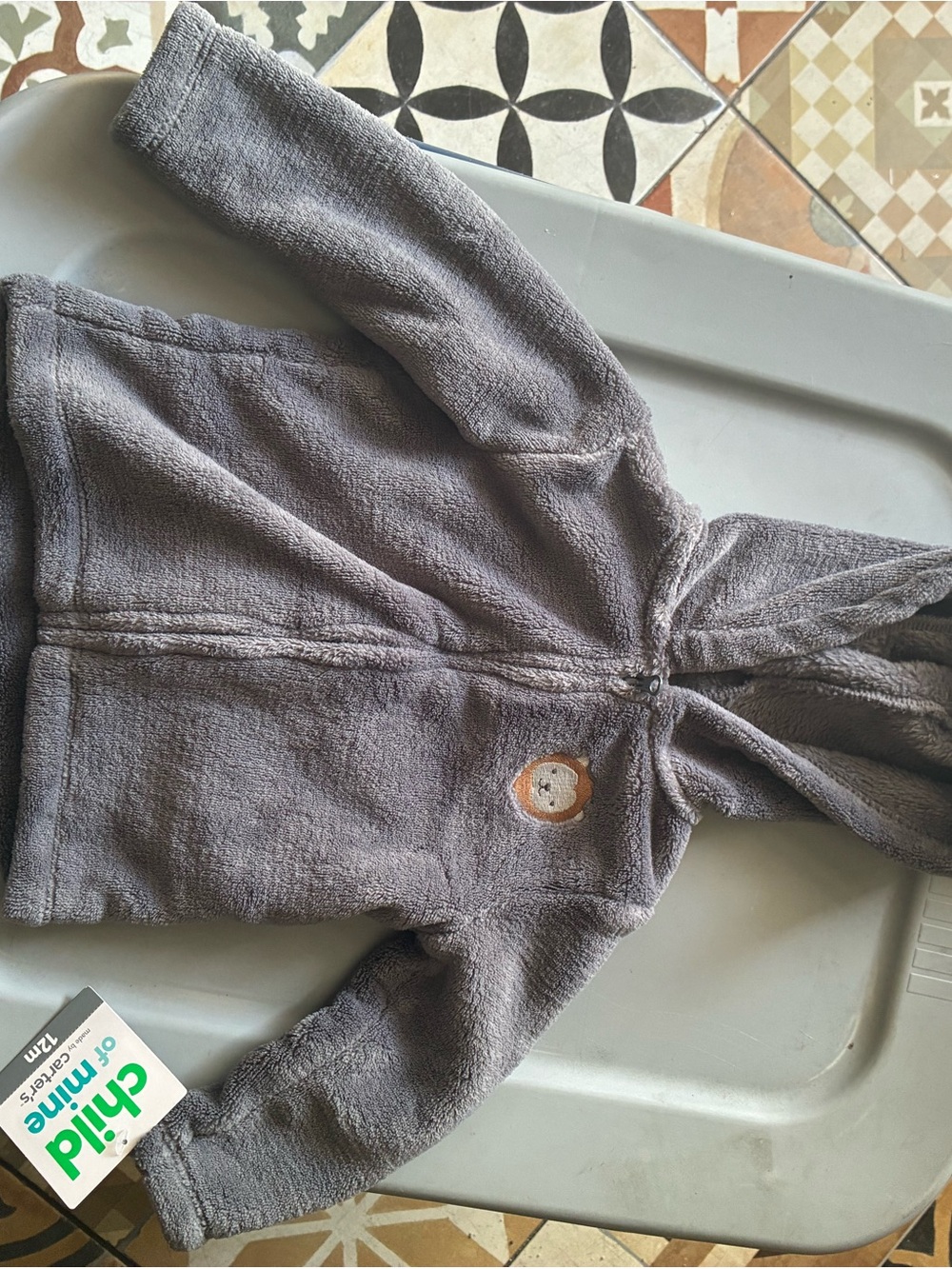child of mine Gray Plush Zip Hoodie with Bear Patch